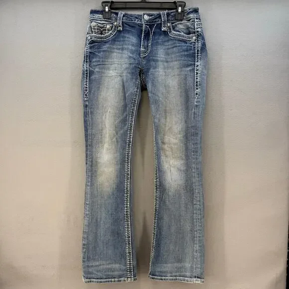 Rock Revival Jeans Womens 27 (4) Blue Anzelie Easy Boot Faux Pocket Flaps Blingy - Picture 3 of 16